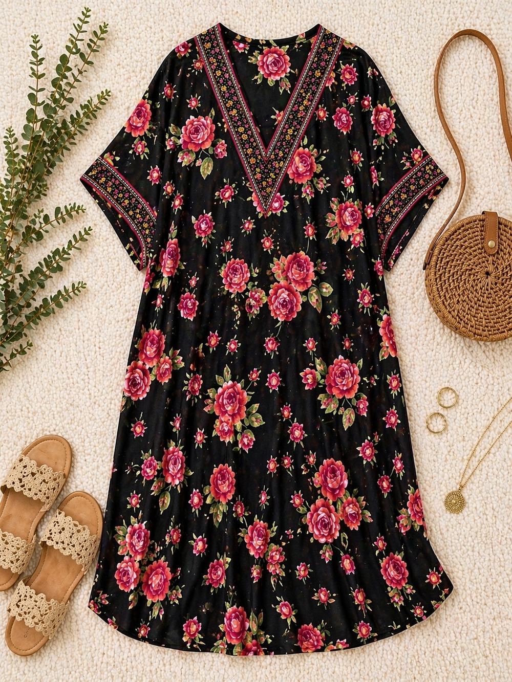 Metropolitano Floral Maxi Kaftan Dress One Size 28+ Ptp